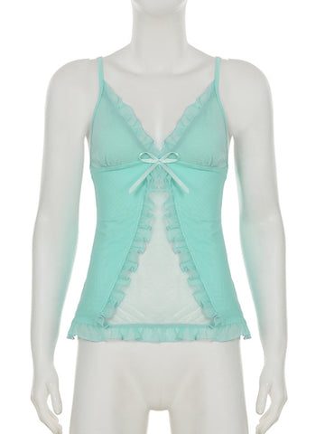 Sonicelife Y2k Mint Green Camis Women Vintage Aesthetic Cute Sexy Summer See Through Mesh Crop Tank Tops Streetwear Holiday Outfits
