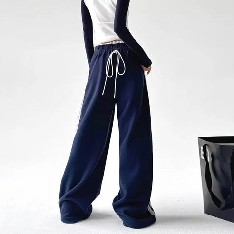 Sonicelife Lace Patchwork Sweatpants Women Y2K Streetwear High Waist Wide Leg Pants Korean Fashion Casual Elastic Waist Straight Trousers