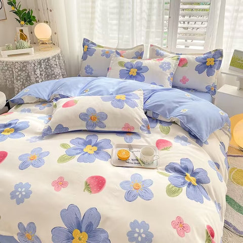 Sonicelife Ins Blue Stripe Duvet Cover Set Soft Flat Sheet Quilt Cover Pillowcase Bed Linen Twin Queen Full Size Floral Bedding Set