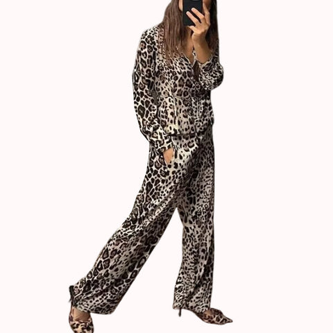 Sonicelife Women's New Satin Leopard Print Waist Tie up Shirt Fashionable and Casual Style Straight pants