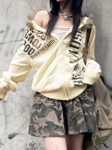 Sonicelife Vintage Harajuku Y2k Sweatshirt Women Cyber Punk Gothic Lettes Printed Fur Collar Zipper Loose Casual Hooded Cardigan