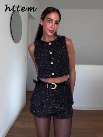 Sonicelife Fashion Tweed Vest Shorts Sets Women Slim Single Breasted Vests High Waist Short Pants With Belt 2024 Autumn Lady Elegant Outfit