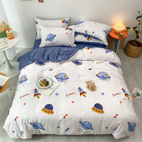 Sonicelife Kawaii Kids Bedding Set Soft Cotton Flat Fitted Sheet Duvet Cover Pillowcases Single Queen Cartoon Boy Girls Dormitory Bed Linen