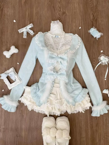 Sonicelife Sweet Lolita Three Piece Sets Lace Bow Plush Cardigan + Sexy Slim Fit Strapless Vest Tops + High Waist Ruched Skirts Winter Chic