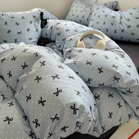 Sonicelife Ins Korean Style Duvet Cover Set Quilt Set Bow Dot Bed Sheet Set For Girls Bedding Set For Bedroom