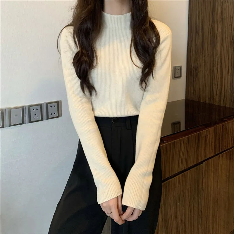 Black Friday Sonicelife Fall Warm Slim Women Sweater Korean Casual Mock Neck Thick Velvet Knit Pullover Solid Soft Basic All Match Knitwear Jumper New