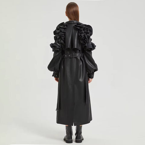 christmas outfit Sonicelife Spring Extra Long Black Ruffled Soft Faux Leather Coat Women Belt Elegant Chic Luxury Designer Clothes Overcoat 2025