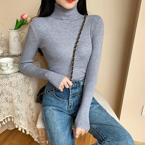 Sonicelife Simple Turtleneck Sweater Women Winter Basic Elastic Slim Knit Jumper Ladies Fall Long Sleeve Female Pullover Top New