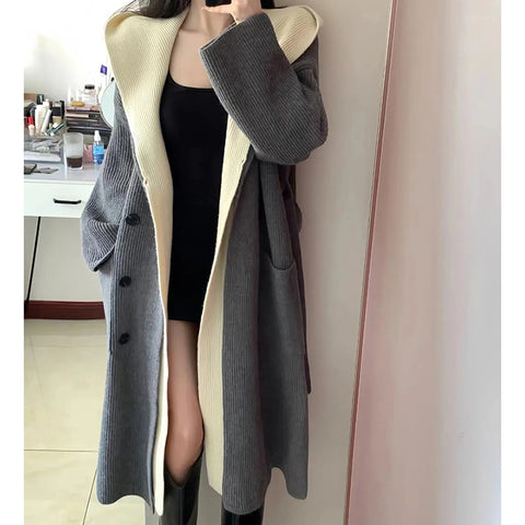 Black Friday Sonicelife Fake Two-Piece Knitted Cardigan Women Hooded Patchwork Korean Fall Sweater Fashion Loose Casual High Street Big Pockets Jumpers