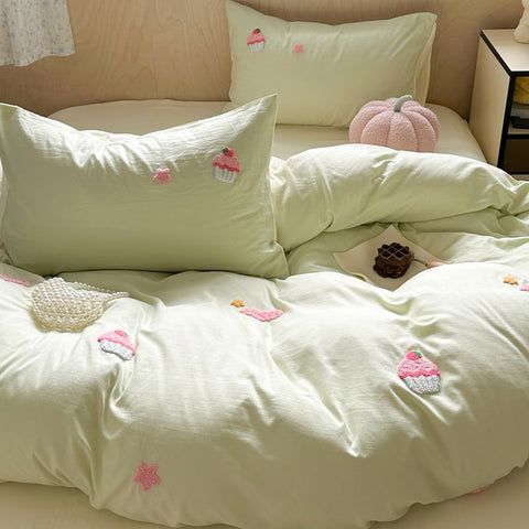 Sonicelife Ins Cartoon Cute Towel Embroidery Washed Cotton Four-Piece Set Quilt Cover Set Bed Sheet Three-Piece Set Bedding Set