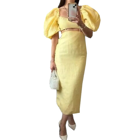 Sonicelife Women's Yellow Dress with Puffed Sleeves Waist Opening Hollow Design Fashion Sexy Commuter Temperament Midi New