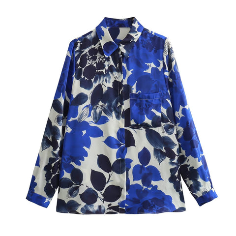 Sonicelife Flower Printed Silk Shirt for Women, Satin Texture, Casual Versatile, Single Breasted, Long Sleeved Top, New Fashion