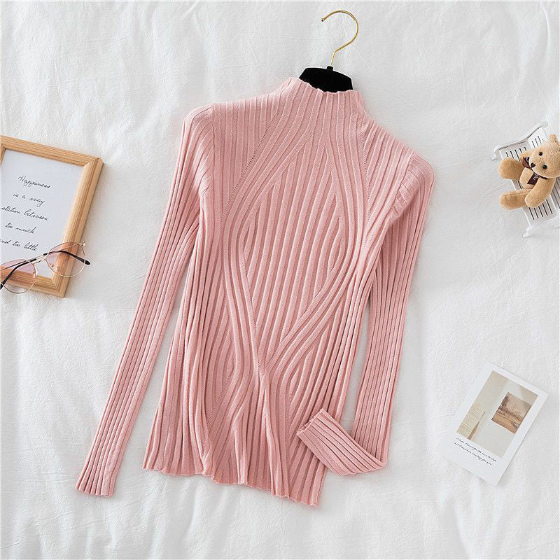 Black Friday Sonicelife Pit Stripe Knit Sweater Women Korean Fall Winter Fashion Slim Elegant Solid Half High Collar Long Sleeve Pullover Basic Chic Top