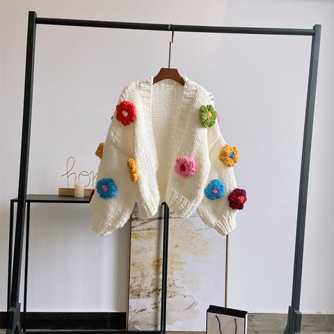 Sonicelife Harajuku Flower Knitted Cardigan Women Sweet Cute Cropped Sweater Coat Y2K Streetwear Floral Knitwear Winter Korean Jumpers Tops