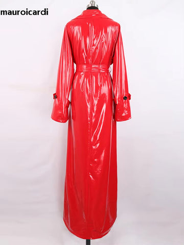 christmas outfit Sonicelife Spring Autumn Extra Long Soft Red Reflective Shiny Patent Leather Coat Women Double Breasted Maxi European Fashion