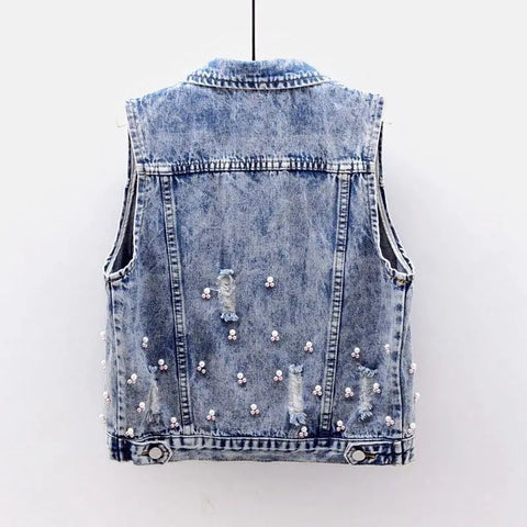 Sonicelife 2025 Denim Women Vest Pearl Fashion Ripped Autumn Jeans Jacket Sleeveless Loose Short Coat Streetwear Beaded Flower Denim Vest