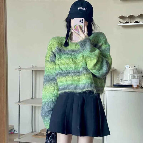 Black Friday Sonicelife Y2K Stripe Tie Dye Women Knit Short Sweaters Autumn Korean Rainbow Sweet Pullover Harajuku Streetwear All Match Crop Jumpers