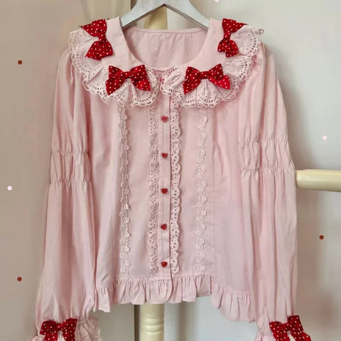Sonicelife Japanese Style Sweet Kawaii Shirts Women Y2k Harajuku Bow Lace Ruffles Long Sleeve Blouse Evening Party Elegant Lolita Tops New