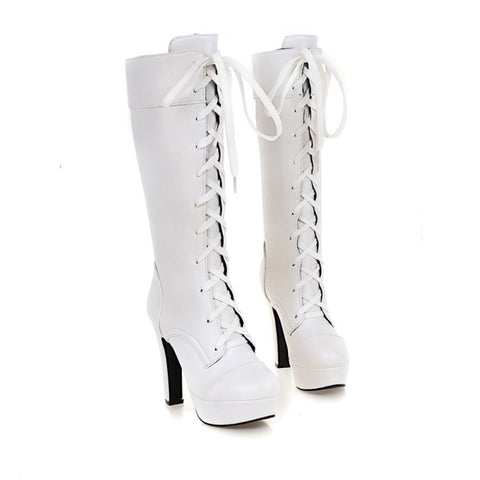 thanksgiving outfit Sonicelife British Ladies Knee High Boots Round Toe Lace Up 12CM Platforms Spike Heels Shoes Size 31-45 White A4206