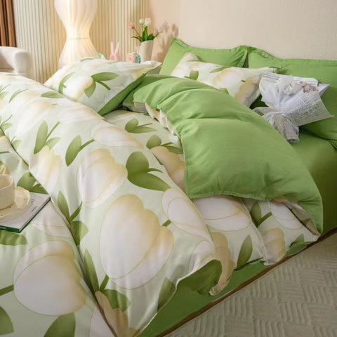 Sonicelife Nordic Yellow Solid Color Bedding Set Flat Bed Sheet Duvet Cover Single Double Full Queen King Bedclothes Ins Pure Bedroom Linen
