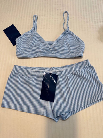 Sonicelife Sexy Blue Striped Bra Shorts Set Women V-neck Slim Home Pajama 2 Piece Sets Sweet Cute Cotton Bras with Straight Sweatshorts New