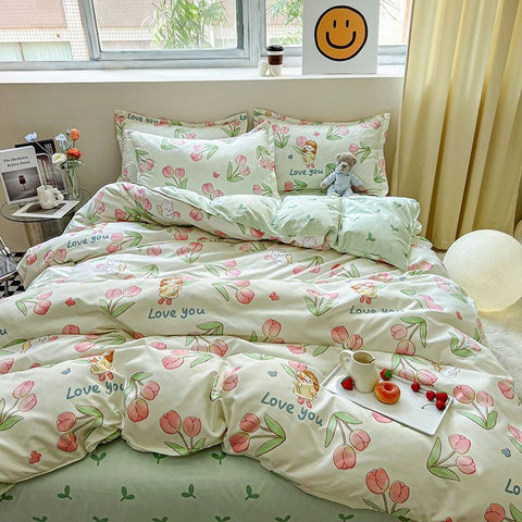 Sonicelife Garden Flowers And Cute Rabbit Pattern Duvet Cover Nordic Style Full Size Bedding Sets Queen Double For Girls Gift Pink