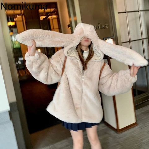 Sonicelife Winter Oversized Warm White Faux Fur Coats Women Clothes Bunny Ears Kawaii Sweet Cute Japanese Y2k Tops Fluffy Jacket Hoodie