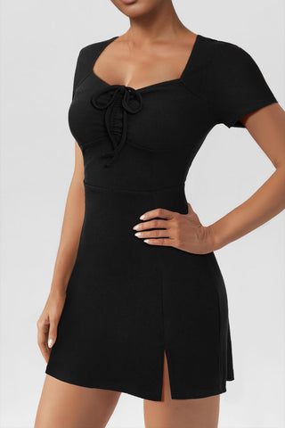 Sonicelife hoco dresses-Square Neck Short Sleeve Mini Dress