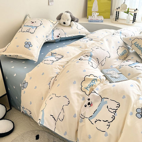 Sonicelife Cute Dog Bedding Set No Filler Ins Cream Blue Duvet Cover Flat Sheet Pillowcase Kids Adults Fashion Soft Comforter Cover