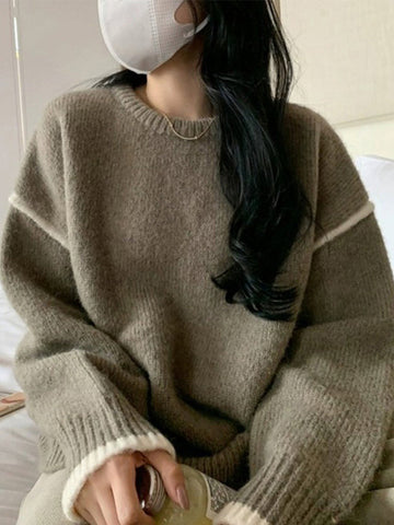 Black Friday Sonicelife Casual Knitted Contrast O-neck Sweater Women Loose Warm Pullover Sweaters Female Korean Autumn Chic Daily Street Outwear