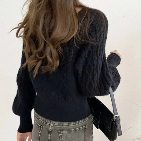 Sonicelife Square Collar Ribbed Sweater Women Thicken Warm Office Jumpers Lantern Sleeve Knit Casual Sweater Women 2024 Fall Winter