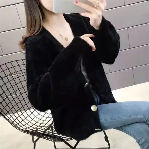 christmas outfit Sonicelife 2025 Spring and Autumn Women's New Fashion Commuter Mink Fleece Cardigan Coat Loose Korean Short Comfortable Versatile Sweater