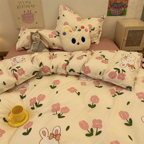 Sonicelife Korean Style Bedding Set Twin Queen Size Cute Cream Cherry Duvet Cover Flat Sheet Pillowcase Polyester Boys Girls Bed Linen