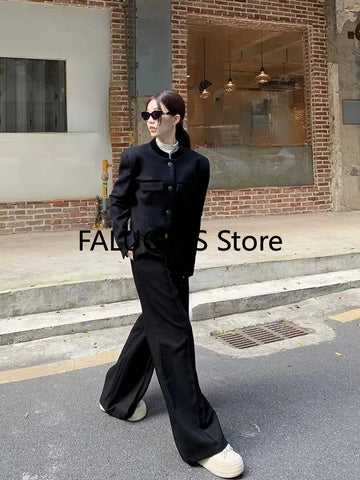 Sonicelife Black Two Piece Sets Women Outifits 2025 Autumn New Long Sleeve O Neck Cropped Blazer Coat + High Waisted Wide Leg Pant Suits