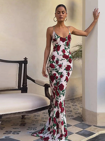 Sonicelife Vintage Printing With Scarf Long Dresses Women Elegant U Neck Open Back Maxi Vestidos Summer 2025 Lady Sleeveless Bodycon Robes