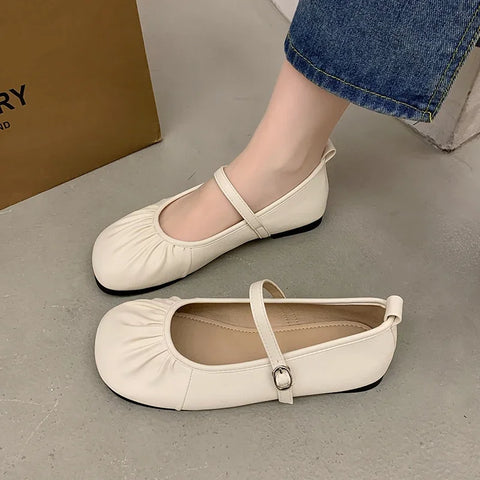 Sonicelife 2024 Autumn Women Flat Shoes Fashion Pleated Round Toe Shallow Slip on Ballet Shoes Flat Heel  Soft Ballerina Mary Jane Shoes