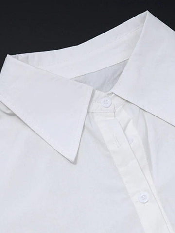 Sonicelife-Shirt Neck Irregular Hem Long Sleeve Blouse
