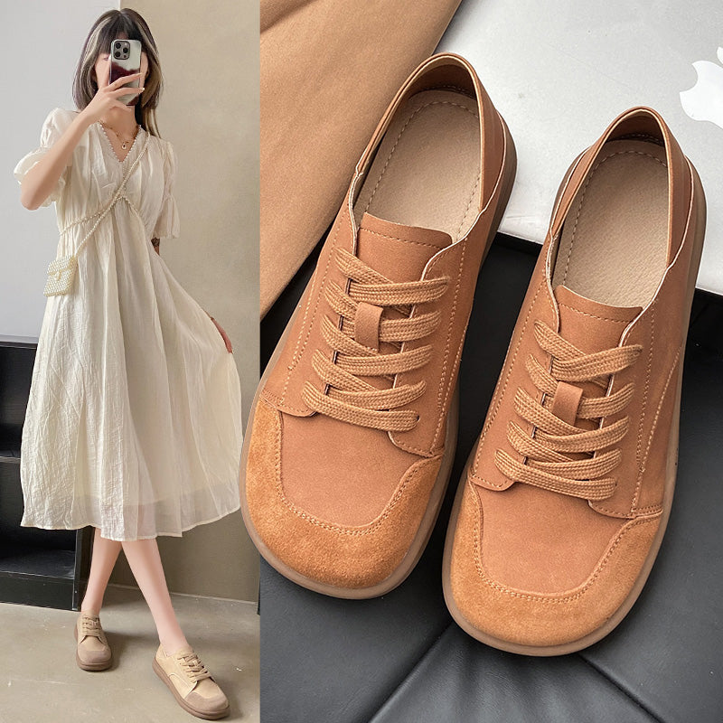 Sonicelife Woman's Winter New Leather Lace Up Plush Warm Flat Sole Cotton Shoe Soft  Non Slip Widened Round Toe Mom's  Shoes