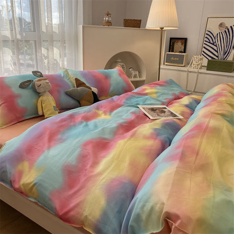 Sonicelife INS Tie-dye Gradation Bedding Set Korean Style Girls Boys Double Size Flat Sheet Duvet Cover Pillowcase Bed Linen Home Textile