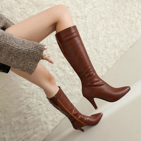 thanksgiving outfit Sonicelife Women Knee High Boots Pointed Toe Small Heels 8.5cm Size 45 46 47 Fashion Sexy Party Female Booties