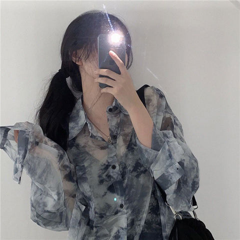 Sonicelife Vintage Shirt Women Harajuku Tie Dye Print Korean Loose Casual Chiffon Blouse Autumn Holiday Transparent Gothic Hippie Top