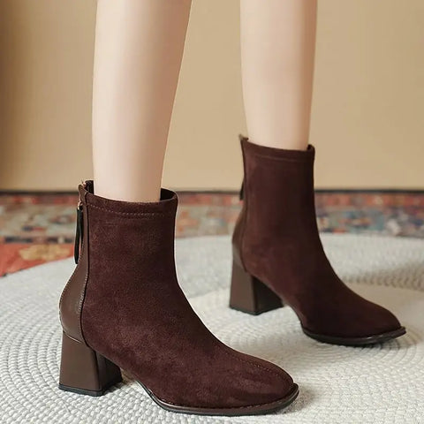 Sonicelife Fashion Thick Heel Short Boots  2025  Winter New Square Headed Suede Short Boots Women Plush Warm High Heels  Boots