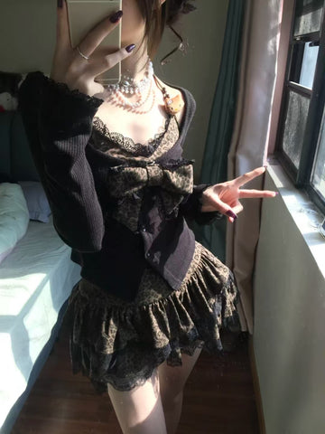 Sonicelife Autumn Winter Vintage Leopard Print Women Outfits Sexy Bow Fake Two Piece Tops + Lace Mini Cake Skirt 2 Piece Set Y2k Clothjing
