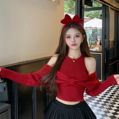 Black Friday Sonicelife Sexy Off Shoulder Sweater Women Christmas Elegant Manners Bow Solid Two Piece Knit Jumpers Chic Vest Commuter Office Lady Tops