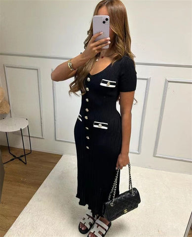 Sonicelife Office Lady Elegant Knitted Long Dress Summer Short Sleelve V Neck Single Breasted Bodycon Dresses Women Party Fashion Vestidos