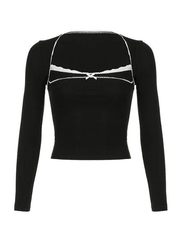 Sonicelife-Square Neck Lace Splice Long Sleeve Tee