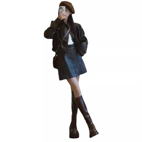 thanksgiving outfit Sonicelife Vintage American Style Leather Jacket And Skirt Set Two-Piece Autumn/Winter Outfit Coordination Complete Set Women's Fashion