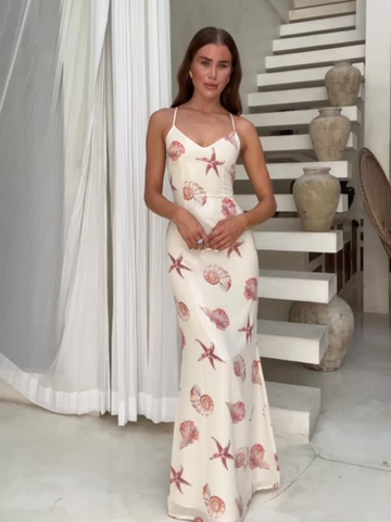 Sonicelife Brown Starfish Printed Ruffle Hem Dress Women Elegant Backless Sling Long Dresses 2025 Summer Lady Vocation Causal Vestidos New