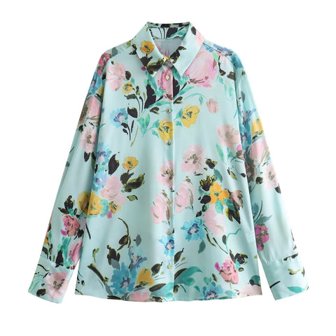 Sonicelife Women's Flower Printed Silk Shirt, Satin Fashion, Casual Long Sleeved, Single Breasted Top, New