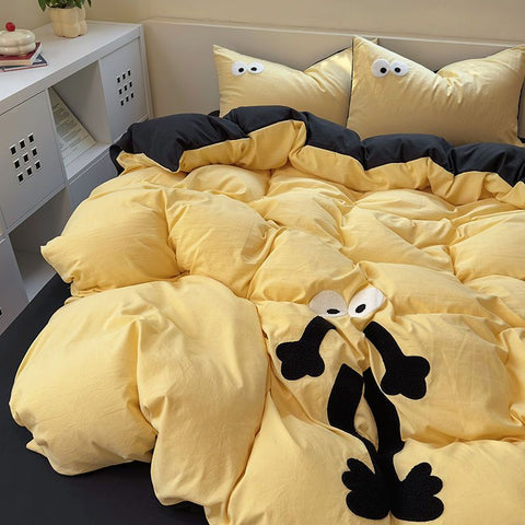 Sonicelife Pink Big Eye Embroidery Bedding Sets Ins Korean Style Washing Cotton Cute Duvet Cover Bed Sheet Set Pillowcases 3/4pcs